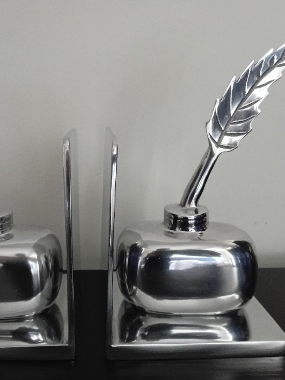 Pewter Feather Pen & Ink Bottle Bookends